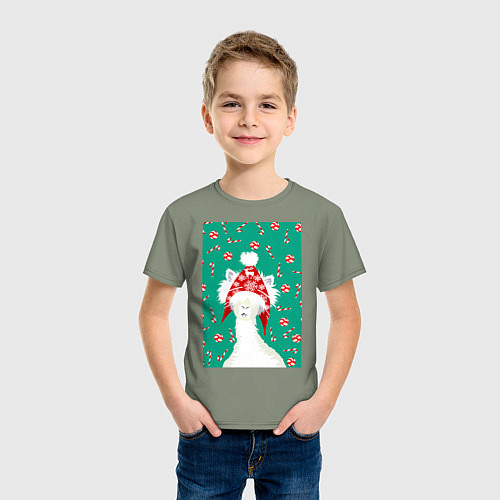 Детская футболка Лама - альпака в ушанке / Авокадо – фото 3