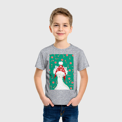 Детская футболка Лама - альпака в ушанке / Меланж – фото 3