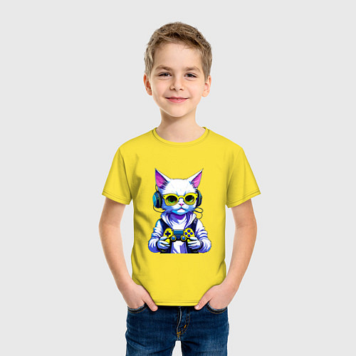 Детская футболка Белый кот геймер / Желтый – фото 3