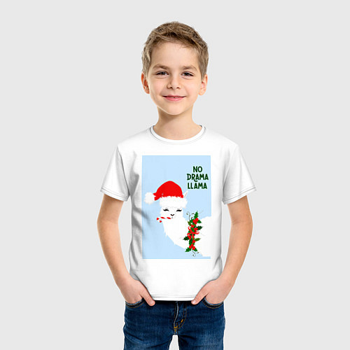 Детская футболка Лама Санта Клаус no drama llama / Белый – фото 3