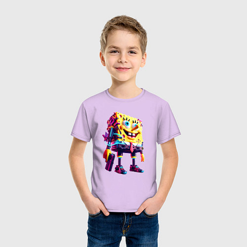 Детская футболка Губка Боб с пистолетом - киберпанк - нейросеть / Лаванда – фото 3