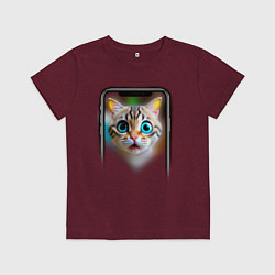 Футболка хлопковая детская Кот в смартфоне, цвет: меланж-бордовый