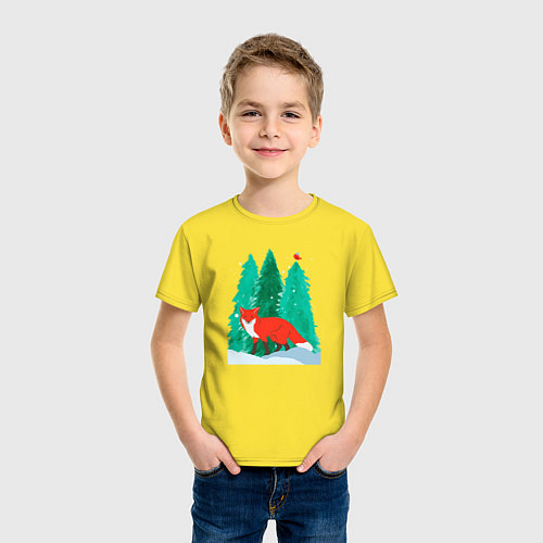 Детская футболка Лиса в лесу и птичка / Желтый – фото 3