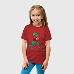 Футболка хлопковая детская Динозавр в новогоднем свитере, цвет: красный — фото 2