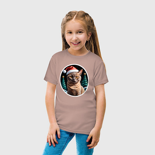Детская футболка Кот Бурманской породы в новогодней шапке / Пыльно-розовый – фото 4