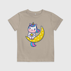 Футболка хлопковая детская Единорог на луне, цвет: миндальный