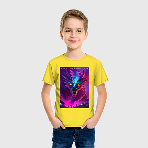 Детская футболка Happy dragon year - ai art muzzle / Желтый – фото 3