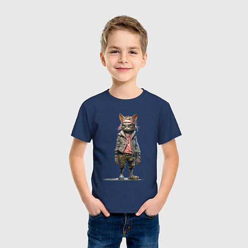 Детская футболка Кот панк в шлеме / Тёмно-синий – фото 3