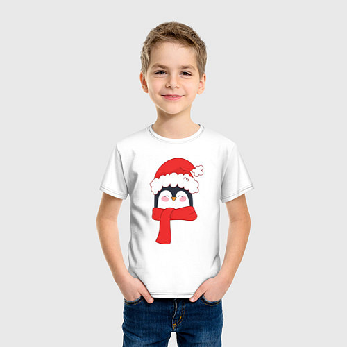 Детская футболка Новогодний пингвин в шапке Деда Мороза / Белый – фото 3