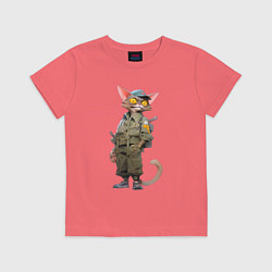 Футболка хлопковая детская Злой кот с огромными глазами, цвет: коралловый