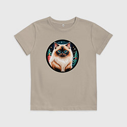 Футболка хлопковая детская Гималайский кот ждет Новый Год, цвет: миндальный