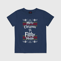 Футболка хлопковая детская Счастливого Рождества тебе грязный маггл, цвет: тёмно-синий