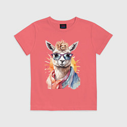 Футболка хлопковая детская Лама в очках цвет, цвет: коралловый