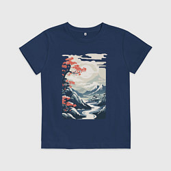 Футболка хлопковая детская Горный пейзаж в японском стиле, цвет: тёмно-синий
