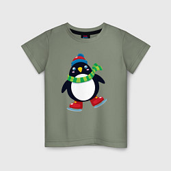 Футболка хлопковая детская Пингвин на коньках, цвет: авокадо