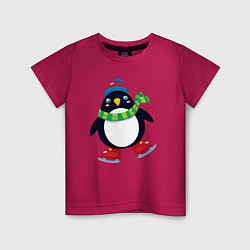 Футболка хлопковая детская Пингвин на коньках, цвет: маджента