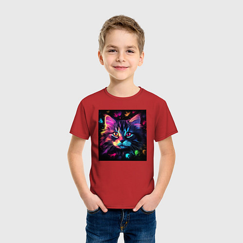 Детская футболка Неоновый котэ в цветах на черном фоне / Красный – фото 3