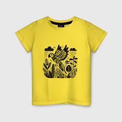 Футболка хлопковая детская Летящий попугай и растения, цвет: желтый