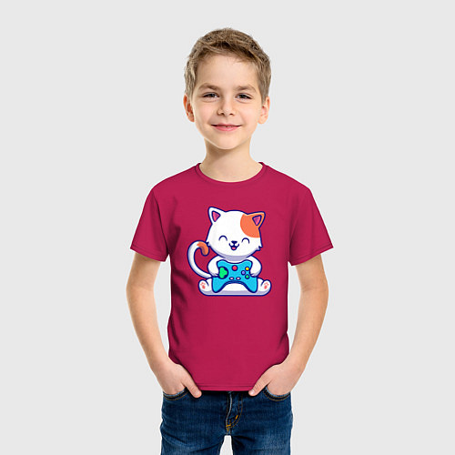 Детская футболка Котик с джойстиком / Маджента – фото 3