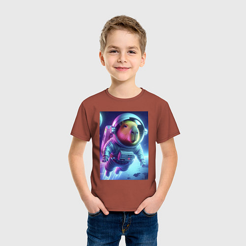 Детская футболка Полёт капибары в космосе - неон / Кирпичный – фото 3