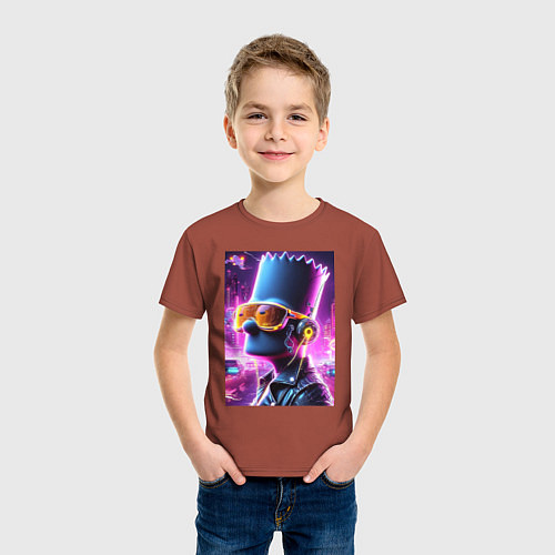 Детская футболка Неоновый Барт Симпсон - киберпанк / Кирпичный – фото 3