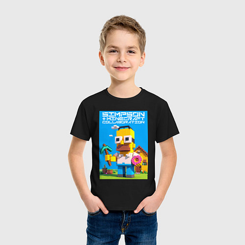 Детская футболка Homer Simpson and Minecraft - collaboration ai art / Черный – фото 3