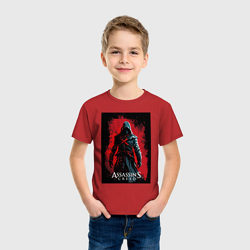 Детская футболка Assassins creed на фоне красной стены / Красный – фото 3