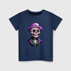 Футболка хлопковая детская Скелет в фиолетовой шляпе, цвет: тёмно-синий