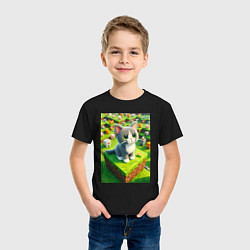 Футболка хлопковая детская Funny kitten - Minecraft ai art, цвет: черный — фото 2