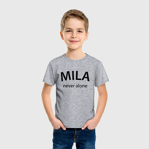 Детская футболка Mila never alone - motto / Меланж – фото 3