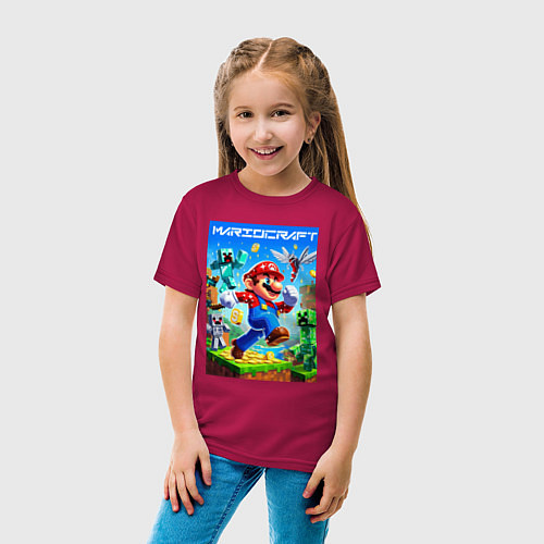 Детская футболка Mario in Minecraft - ai art collaboration / Маджента – фото 4
