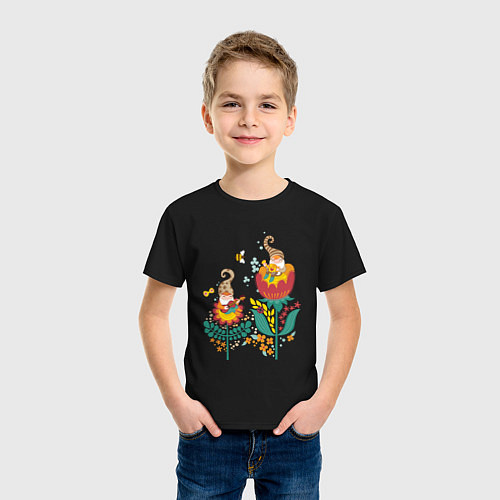 Детская футболка Милые гномы в цветах / Черный – фото 3