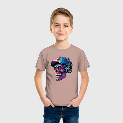 Детская футболка Кибер череп чувак в наушниках - нейросеть / Пыльно-розовый – фото 3
