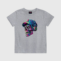 Футболка хлопковая детская Кибер череп чувак в наушниках - нейросеть, цвет: меланж