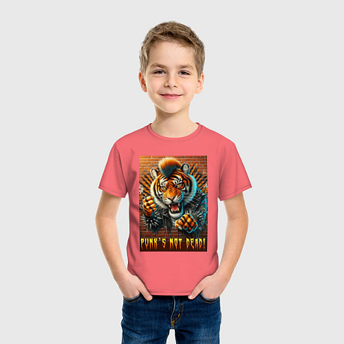 Детская футболка Punks not dead - motto tiger / Коралловый – фото 3