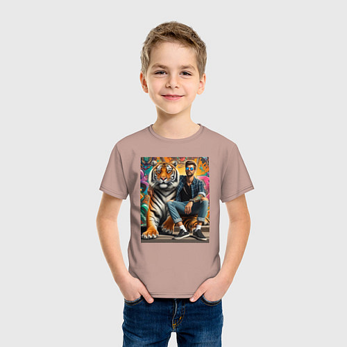 Детская футболка Чувак хипстер с тигром - нейросеть / Пыльно-розовый – фото 3