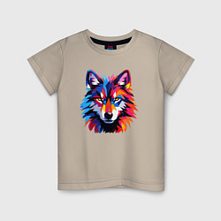 Футболка хлопковая детская Красочный волк поп арт, цвет: миндальный