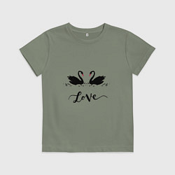 Футболка хлопковая детская Черные лебеди любви с надписью love, цвет: авокадо