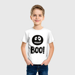 Футболка хлопковая детская Страшный черный смайлик: Буу!, цвет: белый — фото 2