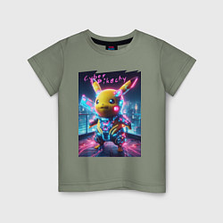 Футболка хлопковая детская Cyber Pikachu - neon glow ai art fantasy, цвет: авокадо