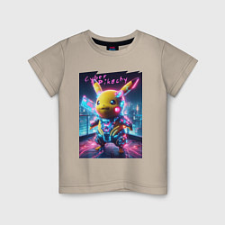 Футболка хлопковая детская Cyber Pikachu - neon glow ai art fantasy, цвет: миндальный