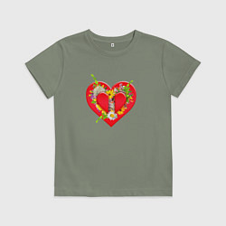 Футболка хлопковая детская Сердце с цветочками, цвет: авокадо