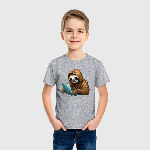 Детская футболка Ленивец за ноутбуком / Меланж – фото 3