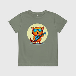 Футболка хлопковая детская Рыжий кот с гитарой поет песню, цвет: авокадо