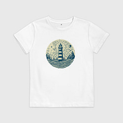 Футболка хлопковая детская Стилизованный ночной морской пейзаж и маяк, цвет: белый