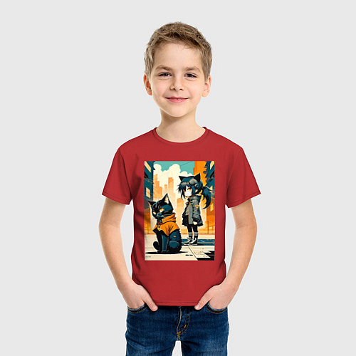 Детская футболка Кот и девочка гуляют на своём районе - нейросеть / Красный – фото 3