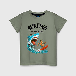 Футболка хлопковая детская Shark and surfer - never alone, цвет: авокадо
