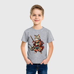 Футболка хлопковая детская Кот ниндзя - японский воин, цвет: меланж — фото 2