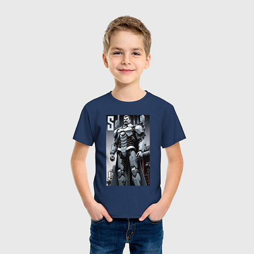 Детская футболка Иосиф человек из стали - нейросеть / Тёмно-синий – фото 3
