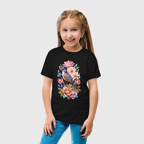Детская футболка Птица Калипта Анны среди цветов / Черный – фото 4
